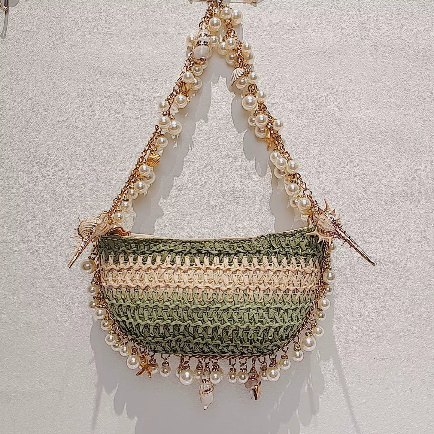Bohemian Pearls Straw Bag Conch Starfish Women Handbags Half Moon Beach Shoulder Bag Designer Rattan Crossbody Bags Ladies Tote