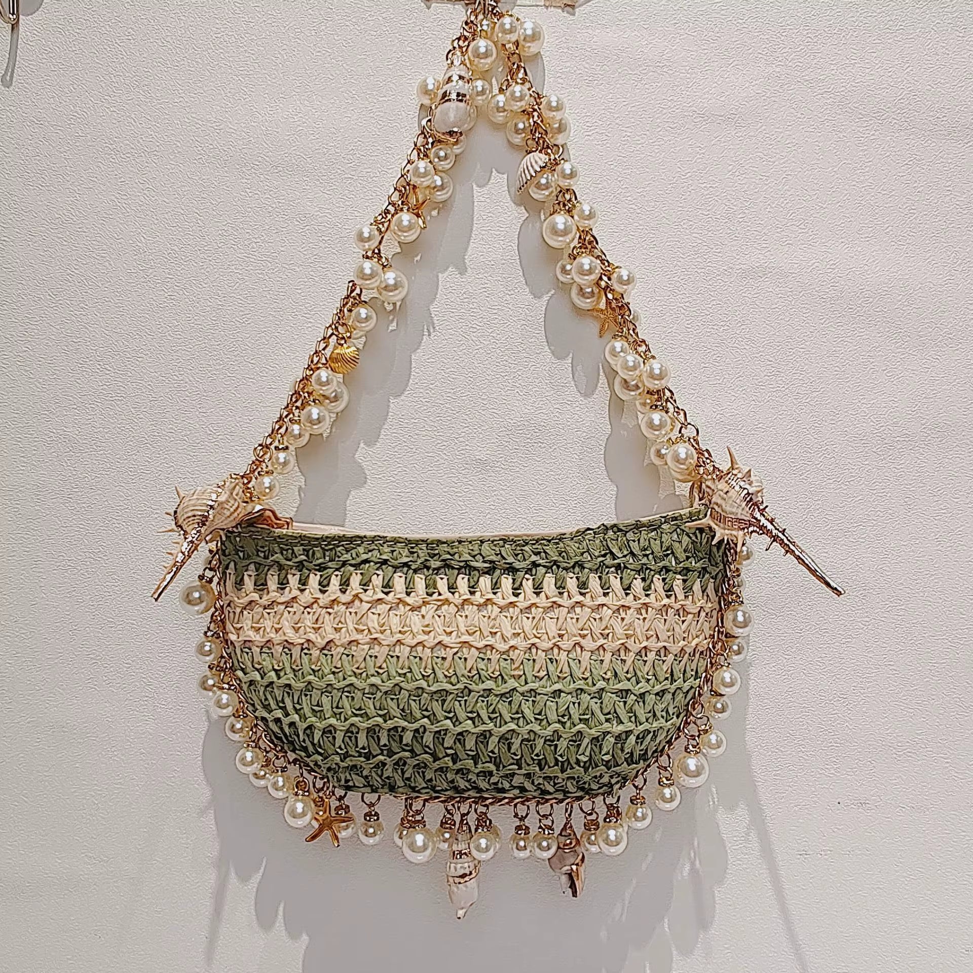 Bohemian Pearls Straw Bag Conch Starfish Women Handbags Half Moon Beach Shoulder Bag Designer Rattan Crossbody Bags Ladies Tote