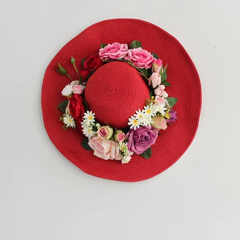 Red Rattan Flower Beach Bag Women Fashion Straw Summer Tote Multicolor Artificial Rose Lily Attached Handbag Hat Suit Vacation