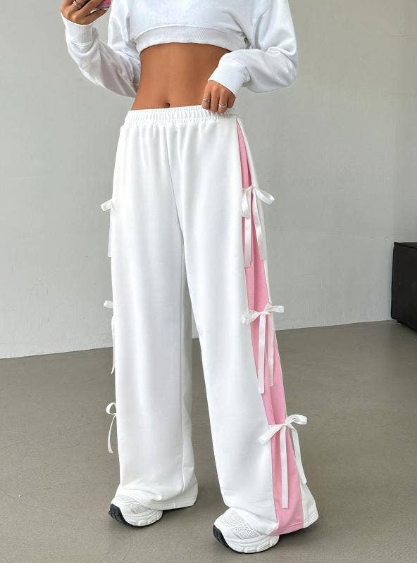 Rosa Clothing - Straight leg sweatpants with bow: White / M