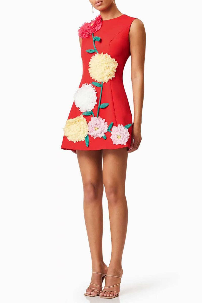Mccolin - Floral Appliqué Vacation Dress: YELLOW / S