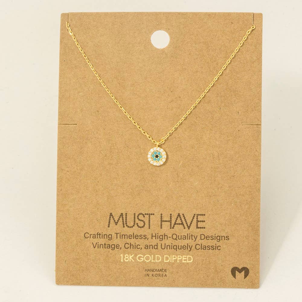 Fame Accessories - Gold Dipped Cz Trim Evil Eye Coin Necklace: RG