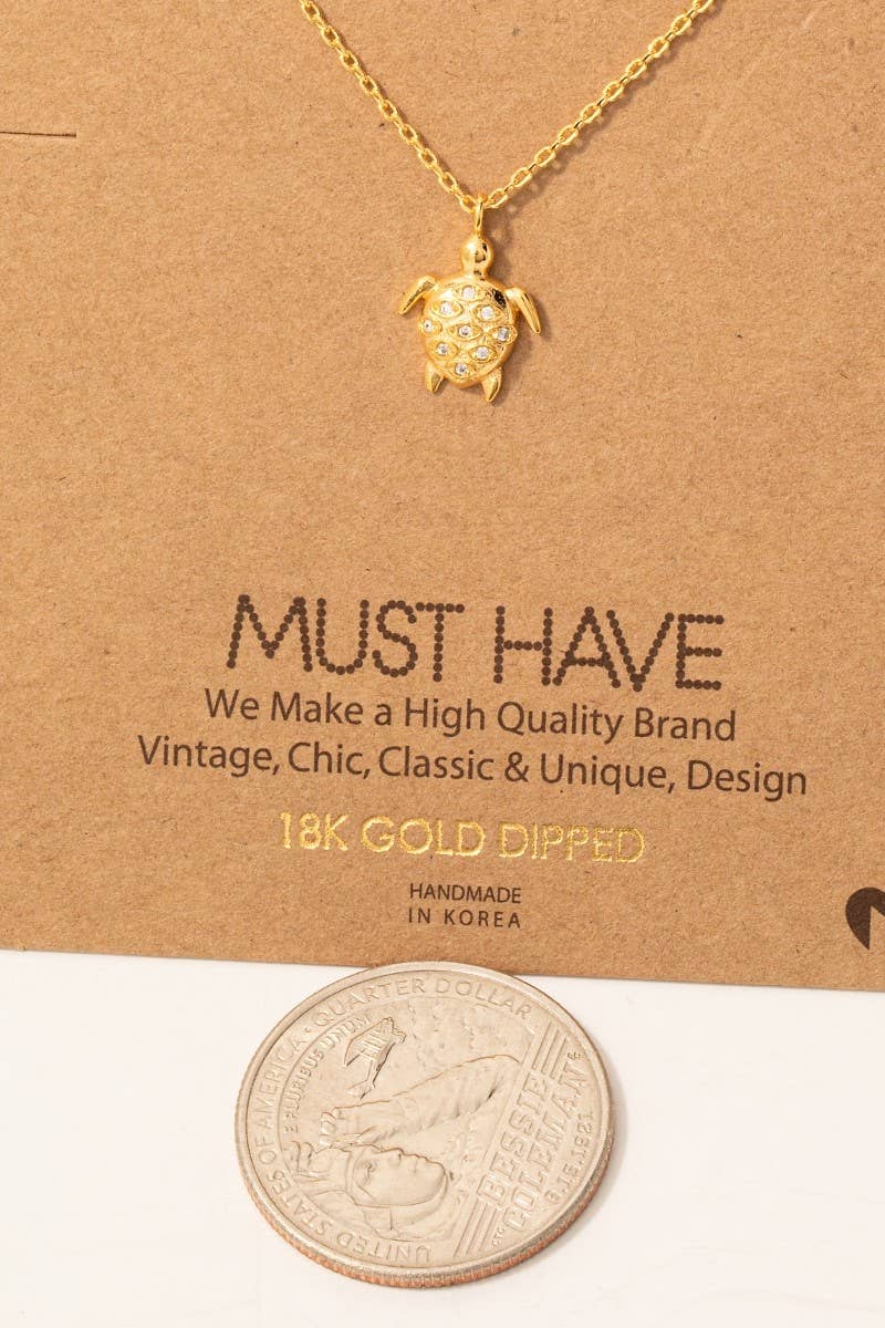 Fame Accessories - Gold Dipped Cz Studded Turtle Pendant Necklace: S