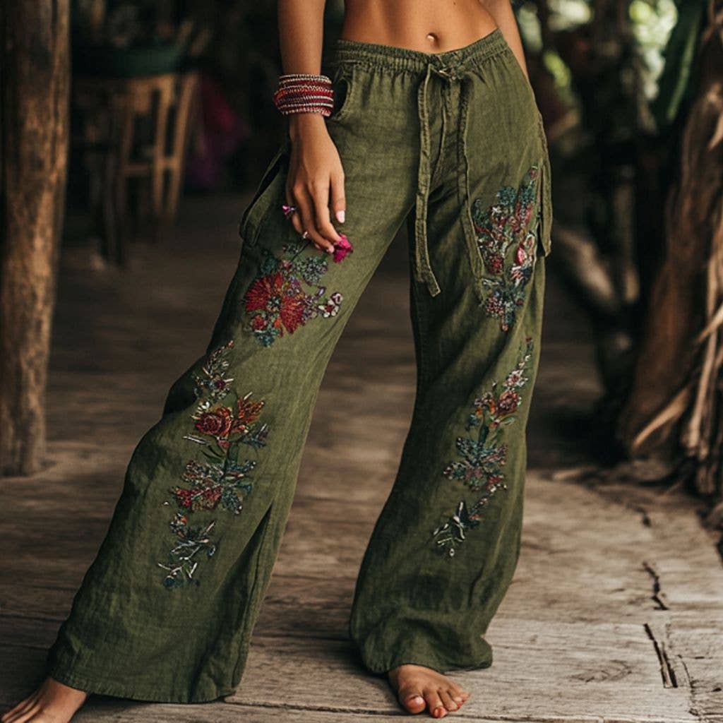 Suhkasana - Women's Boho Floral Wide Leg Pants Drawstring Waist: Olive Green / S