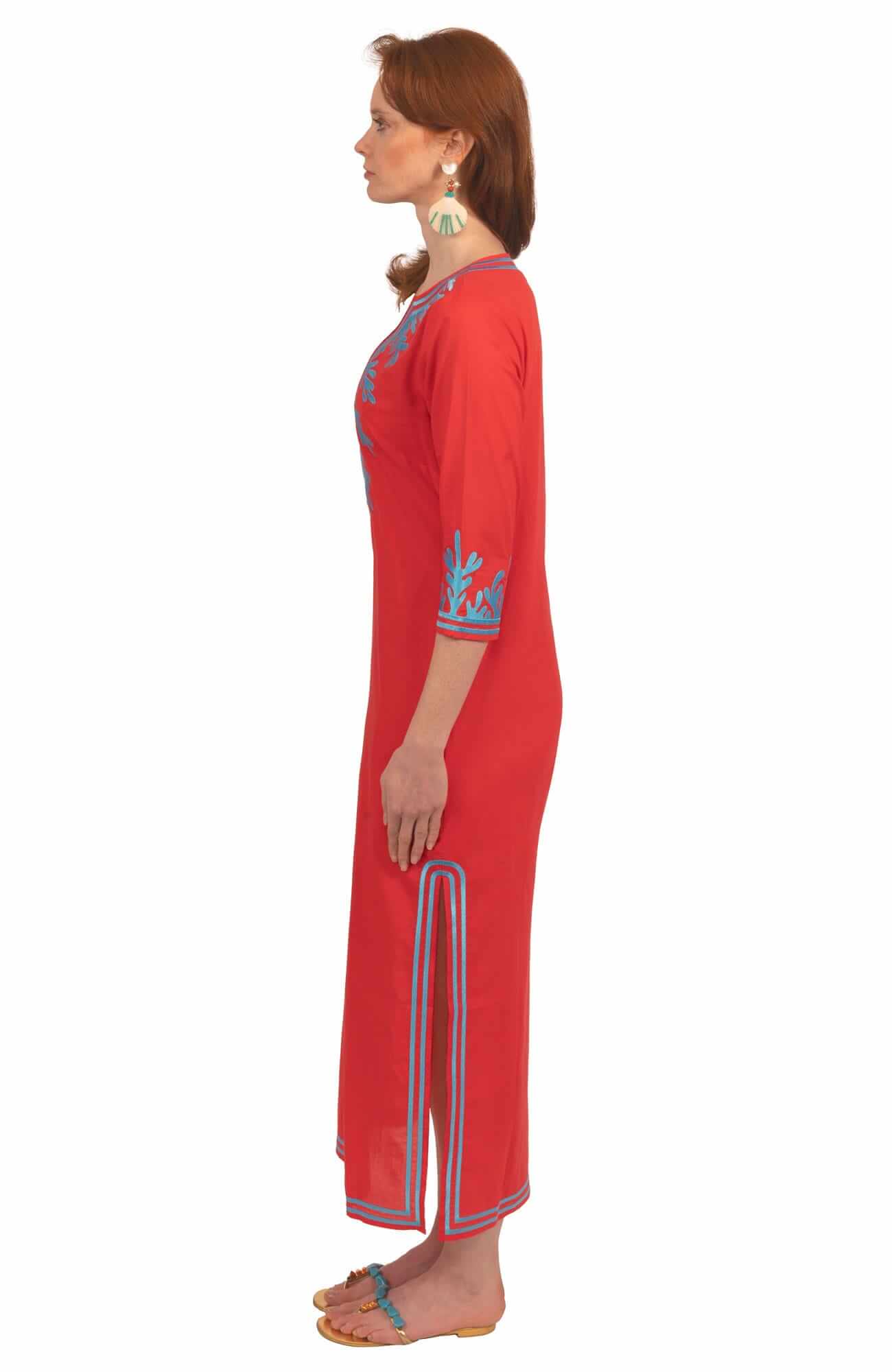 Gretchen Scott LLC - Wash / Wear Embroidered Caftan - The Reef: Coral/Turq / M