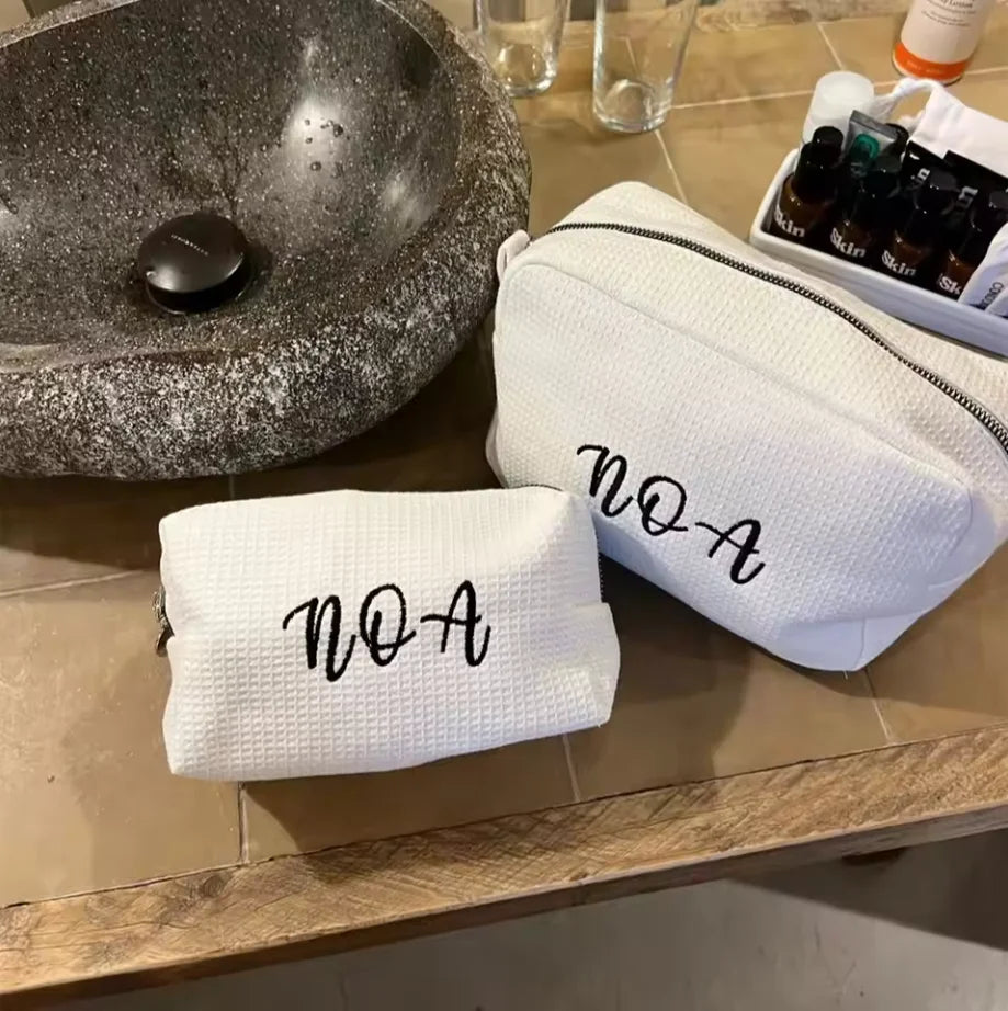 Personalized Makeup Bag -Travel Cosmetic Bag -Custom Waffle Weave Bag- Bridesmaid Gift - Monogram Toiletry Bag - Makeup Bag Set