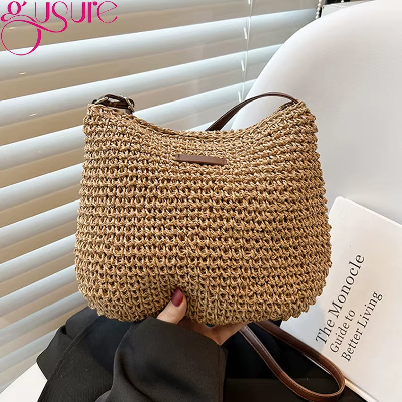 Woven Rattan Bag round Straw Shoulder Bag Small Beach Handbags Women Summer Hollow Handmade Messenger Crossbody Bags