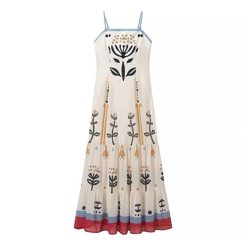 Rosa Clothing - Strappy Tulle midi dress with multicolor flowers print: Beige-R / M