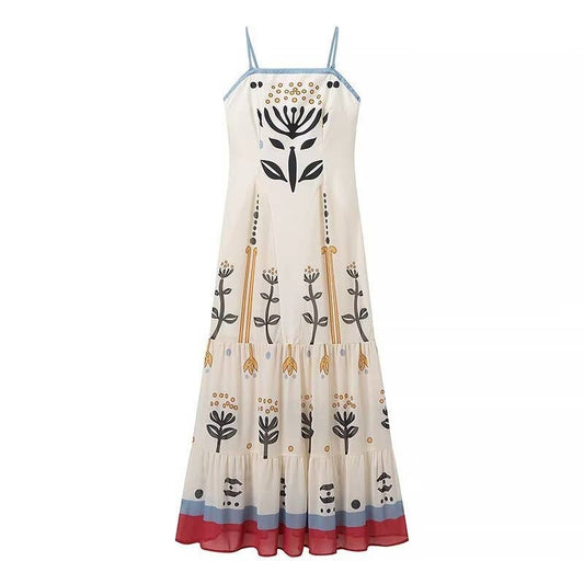 Rosa Clothing - Strappy Tulle midi dress with multicolor flowers print: Beige-R / M