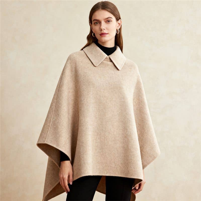 Suhkasana - Women's Collared Wool Blend Cape Sleeveless Winter Poncho: Black / S
