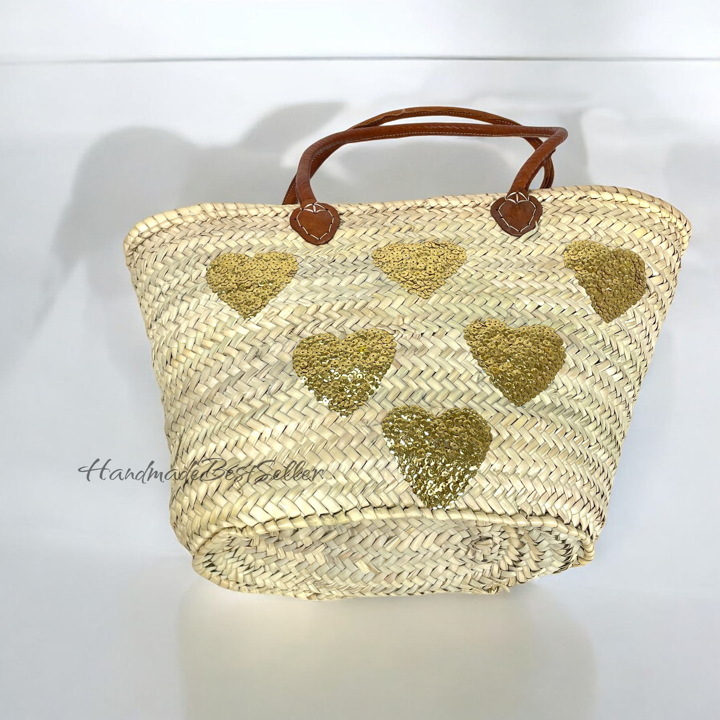 HandmadeBestSeller - Straw Bag with Leather Handles and Heart Sequin Design