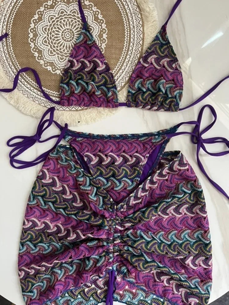 Women Swimsuit Colored Maple Leaves Knitted Bikini Skirt Three-Piece Set Split Swimsuit Bikini