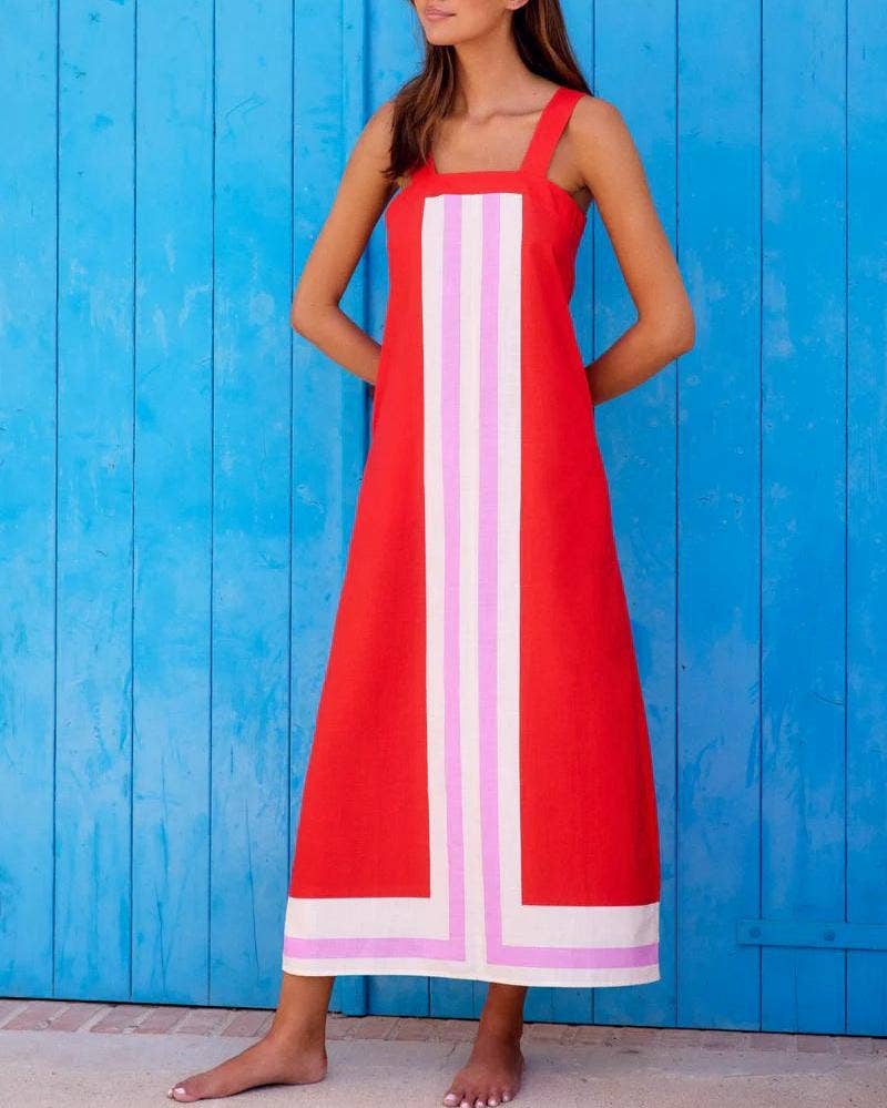 Rosa Clothing - Colorblocked resort slip maxi dress: Red / M