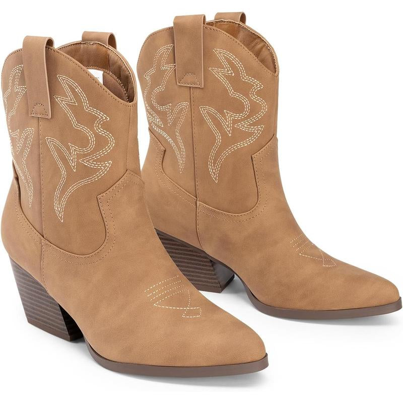 Women'S Cowboy Cowgirl Boots Embroidered Stitched Short Western Boots Low Chunky Heel Pointed Toe Ankle Booties
