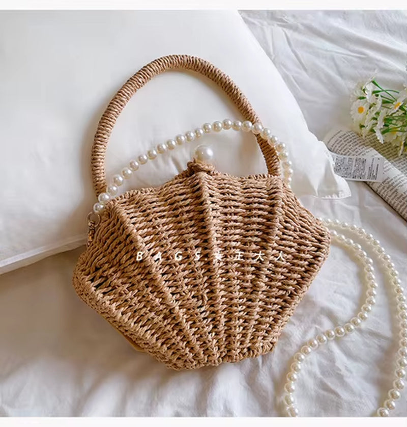 Shell Rattan Straw Woven Diagonal Cross Small Bag, Cute Fairy Change, Mobile Phone, Fashionable Woven Beach Bag