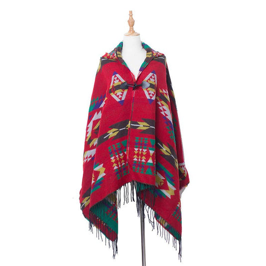 HIDDENBRAND - Boho aztec hooded poncho with toggle closure: Red / M