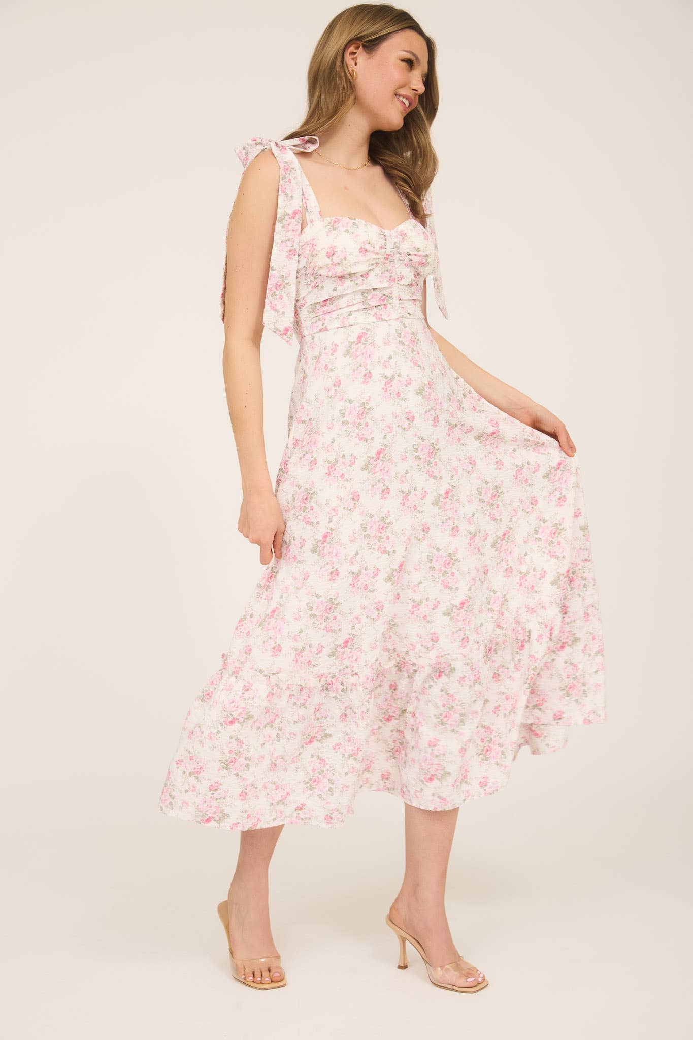 Blu Pepper - FLORAL TIE STRAP RUCHED DETAIL MAXI DRESS: PINK MULTI