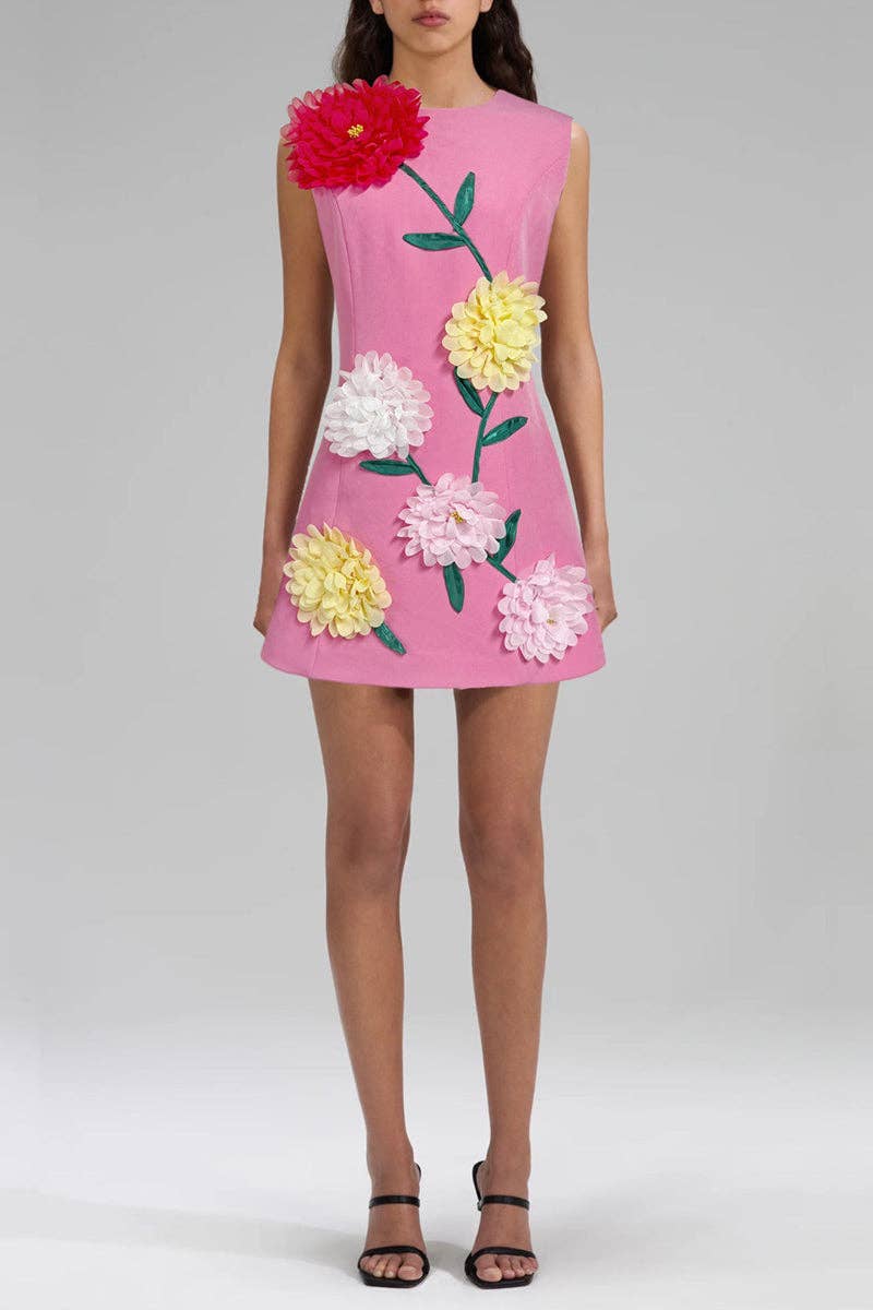 Mccolin - Floral Appliqué Vacation Dress: YELLOW / S