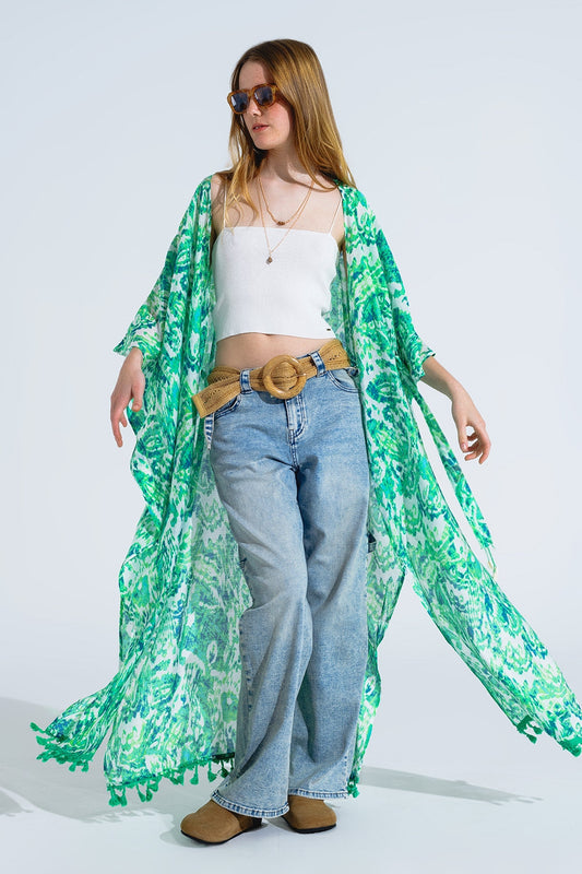 Green Long Kimono With Drawstring Closing in Tribal Print