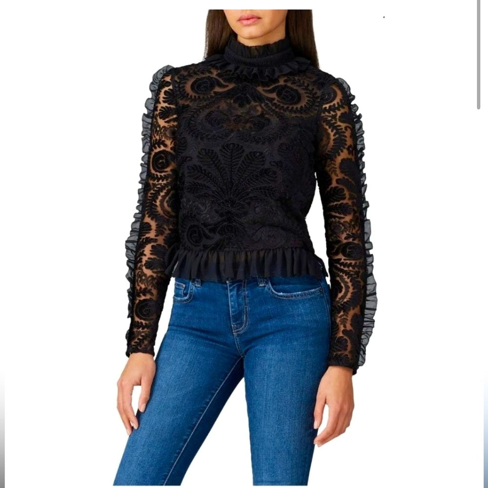 ML Monique Lhuillier black mesh trim long sleeve blouse