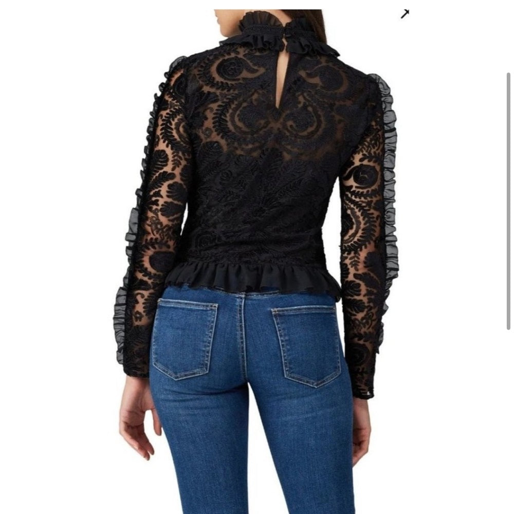 ML Monique Lhuillier black mesh trim long sleeve blouse