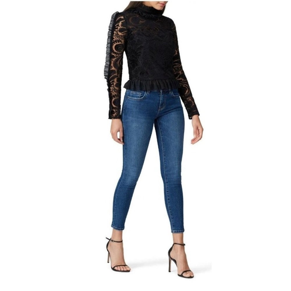 ML Monique Lhuillier black mesh trim long sleeve blouse