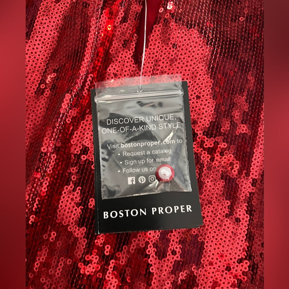 Boston Proper Sequin Mock Neck Blouson Knit Top Red