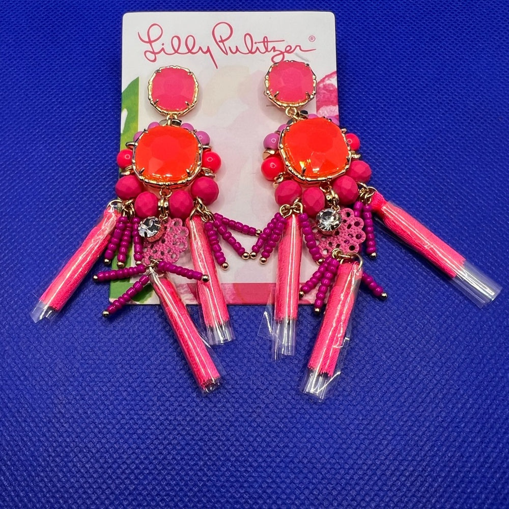 NWT- LILLY PULITZER Waterside Earrings Kitschy Coral Pink Crystal Pierced Dangle