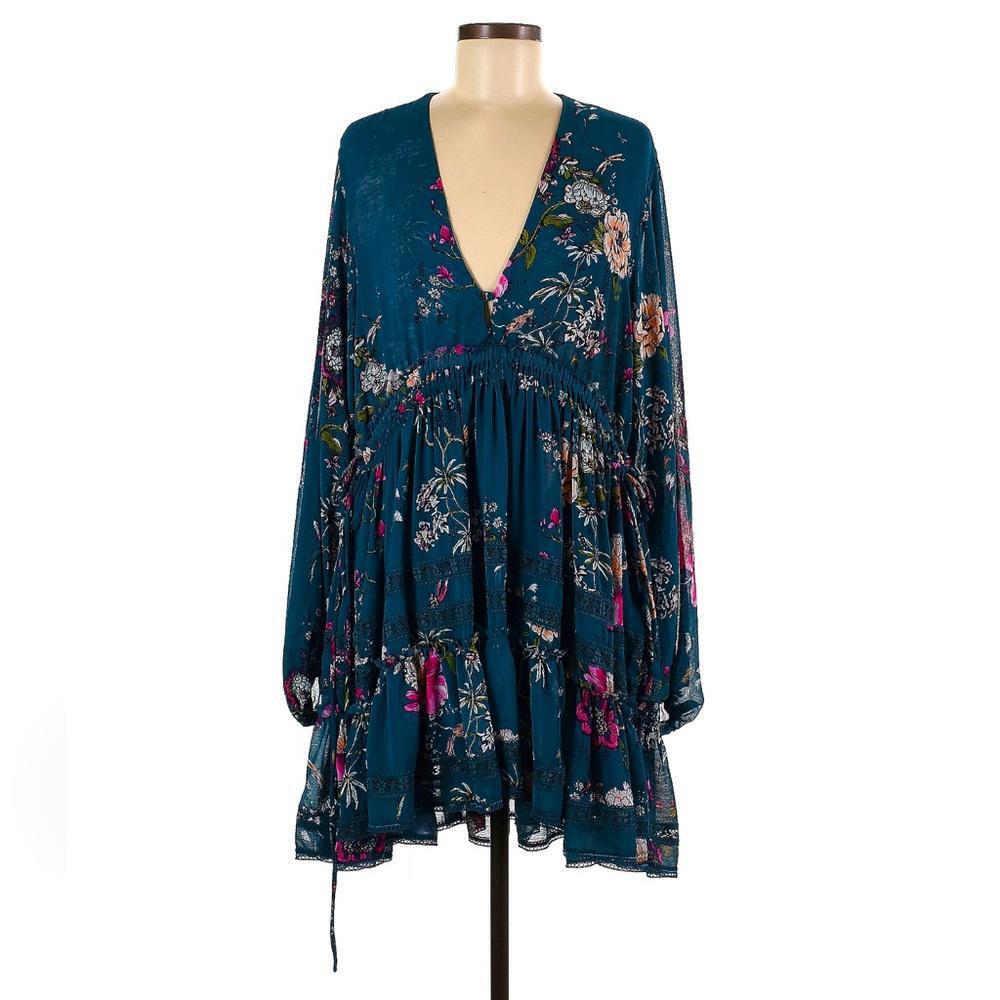 Free People Floral Dress - Teal Long Sleeve Boho Style