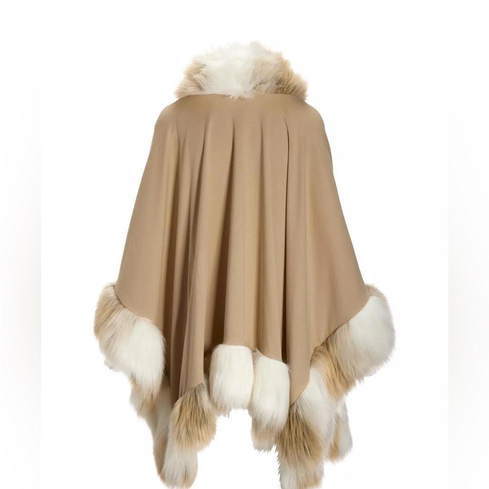 Donna Salyers Fabulous Furs Elevated Neutral Tones Faux Fur Trim Poncho Tan