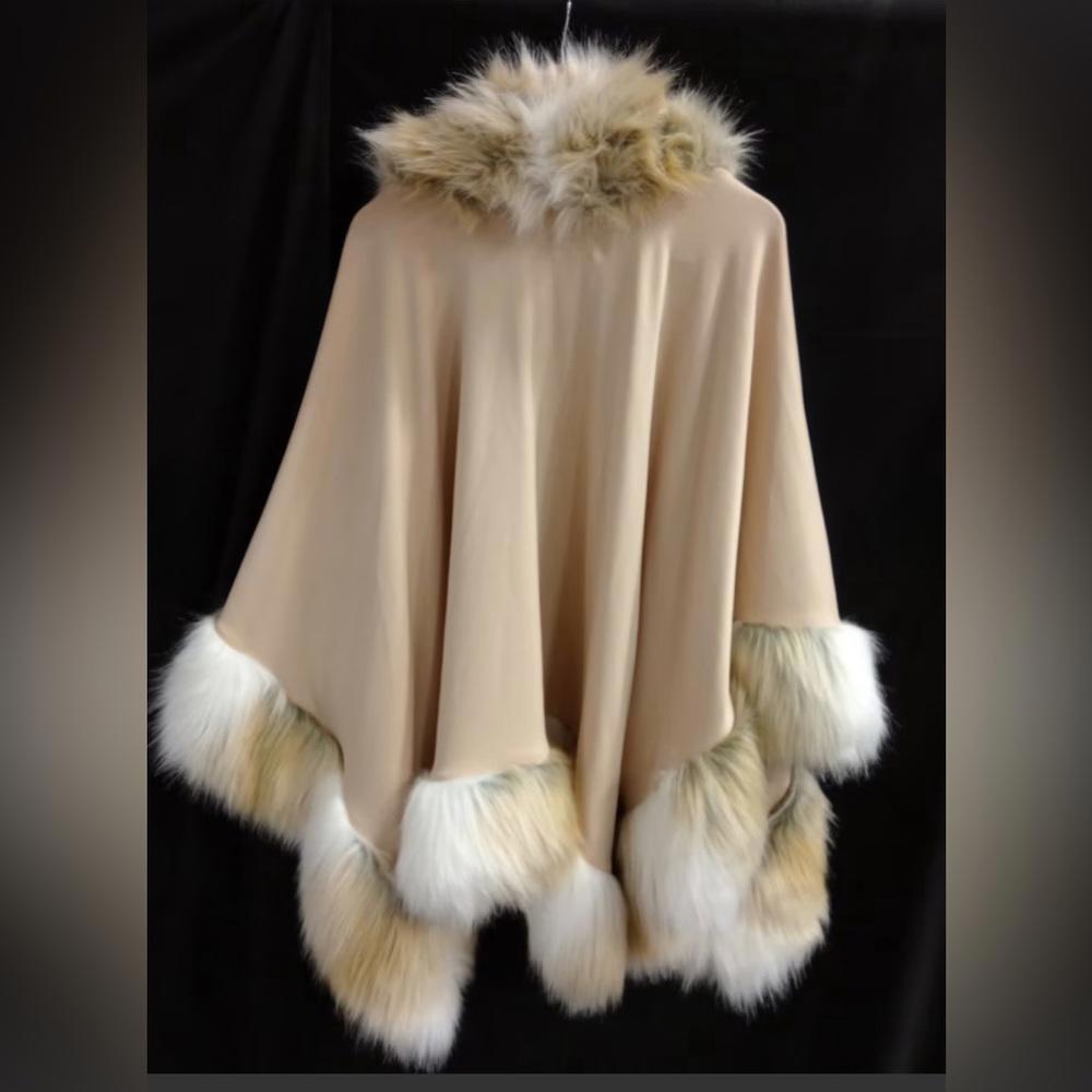 Donna Salyers Fabulous Furs Elevated Neutral Tones Faux Fur Trim Poncho Tan