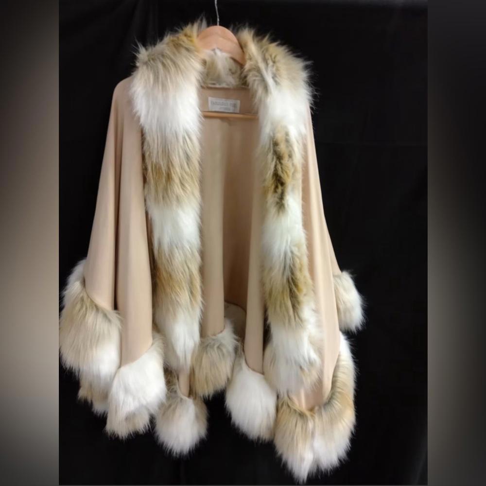 Donna Salyers Fabulous Furs Elevated Neutral Tones Faux Fur Trim Poncho Tan