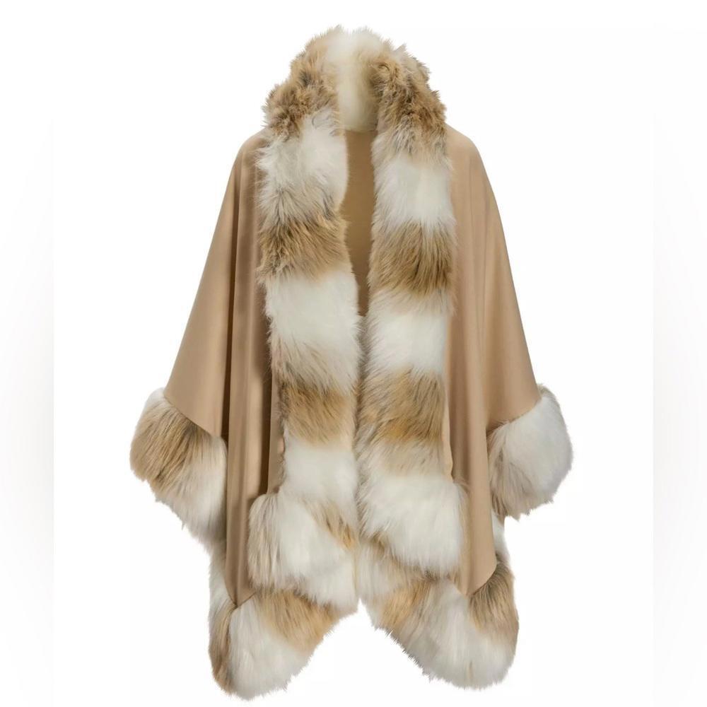 Donna Salyers Fabulous Furs Elevated Neutral Tones Faux Fur Trim Poncho Tan