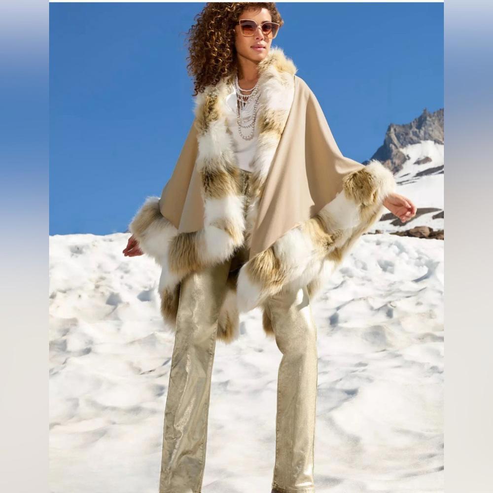 Donna Salyers Fabulous Furs Elevated Neutral Tones Faux Fur Trim Poncho Tan