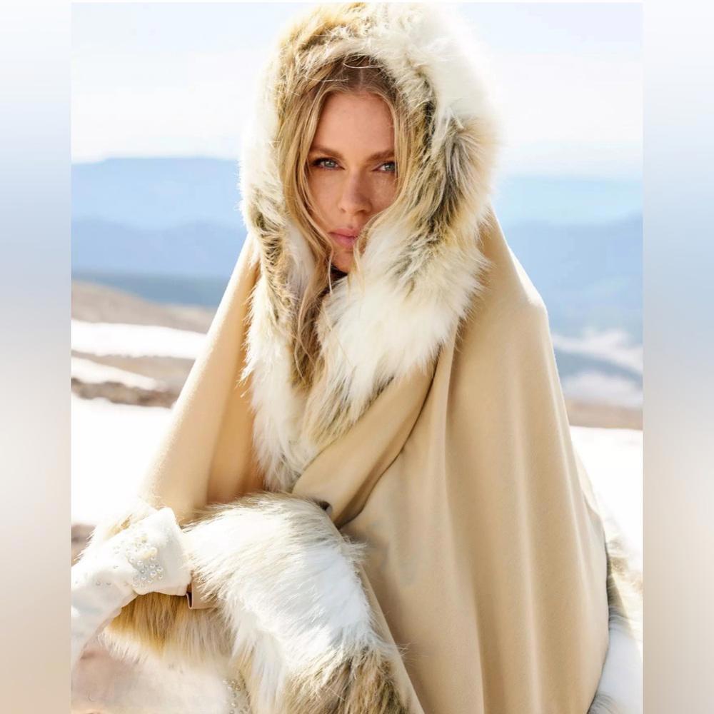 Donna Salyers Fabulous Furs Elevated Neutral Tones Faux Fur Trim Poncho Tan