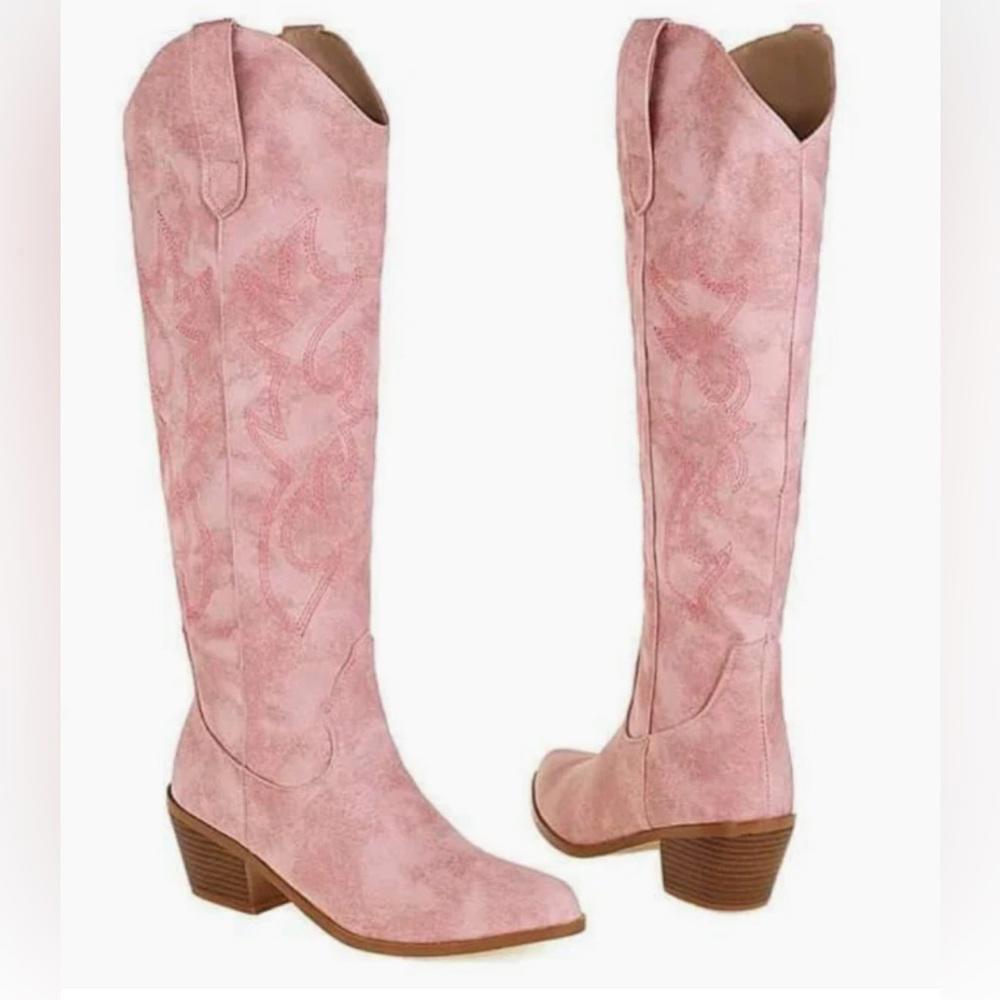 Chic Pink Western Style Knee-High Boots