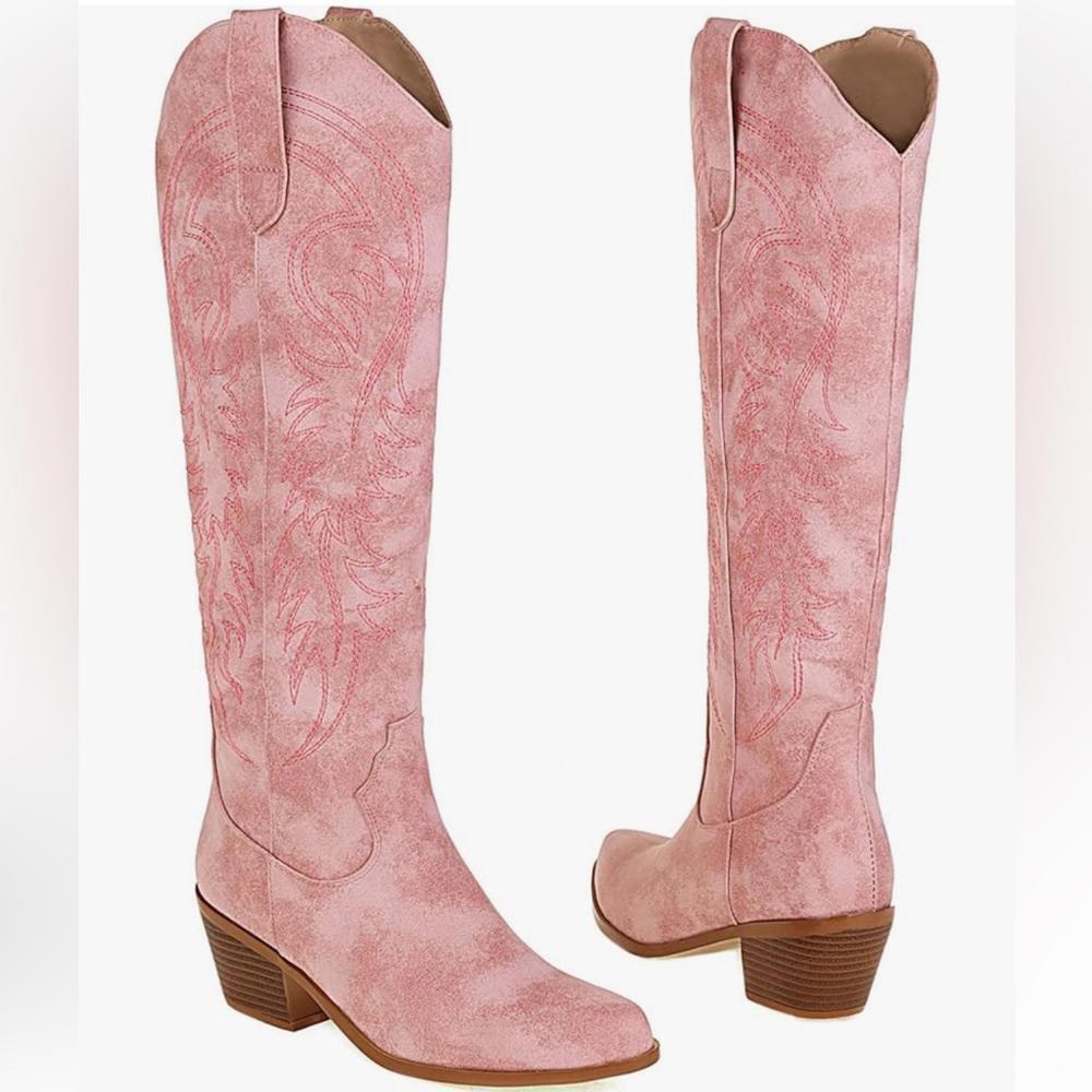 Chic Pink Western Style Knee-High Boots