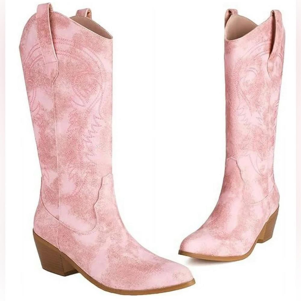 Chic Pink Western Style Knee-High Boots