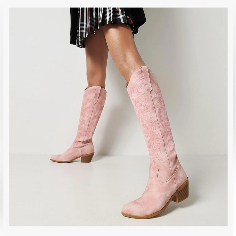 Chic Pink Western Style Knee-High Boots