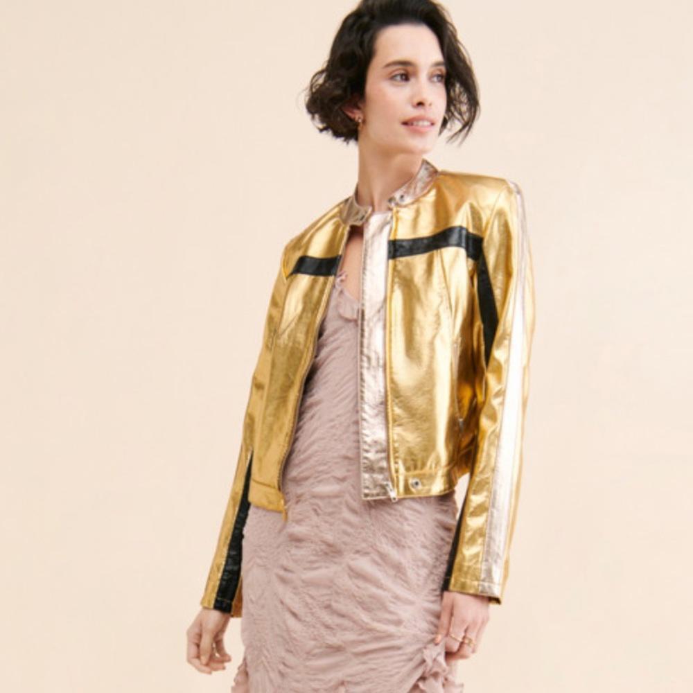 Free People Stylish Gold Metallic Jacket - Trendy and Eye-Catching