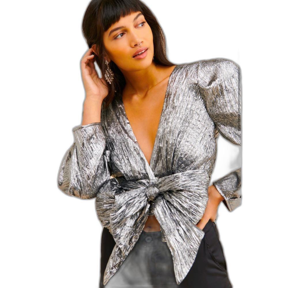 Stunning Silver Plunge Tie-Front Top