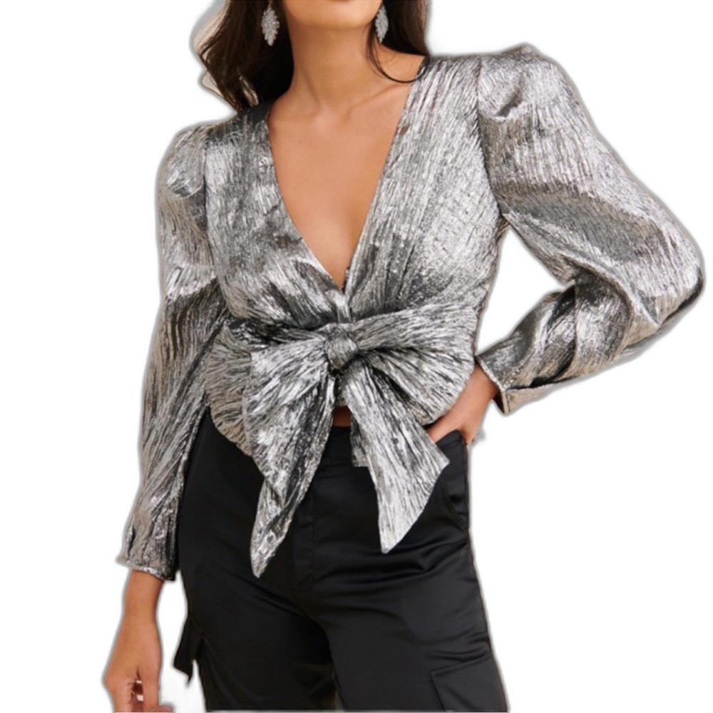 Stunning Silver Plunge Tie-Front Top