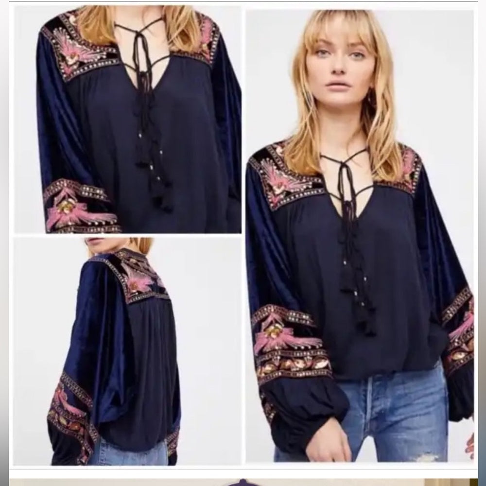 Free People Hearts Aflame Top Navy/Pink Medium