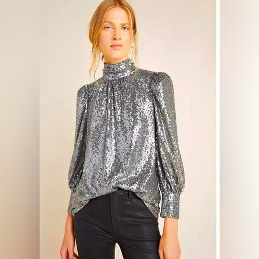 Anthropologie Sunday in Brooklyn Luna Silver Sequined
Blouse