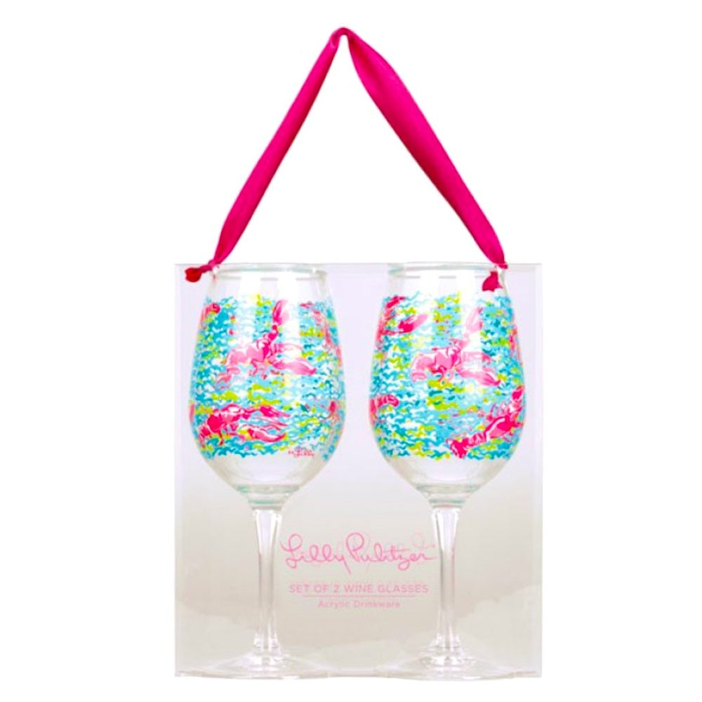 Lilly Pulitzer Colorful Lobster Wine Glasses Set. NWT