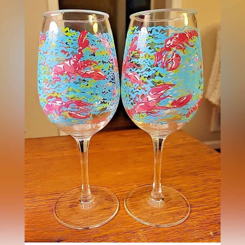 Lilly Pulitzer Colorful Lobster Wine Glasses Set. NWT