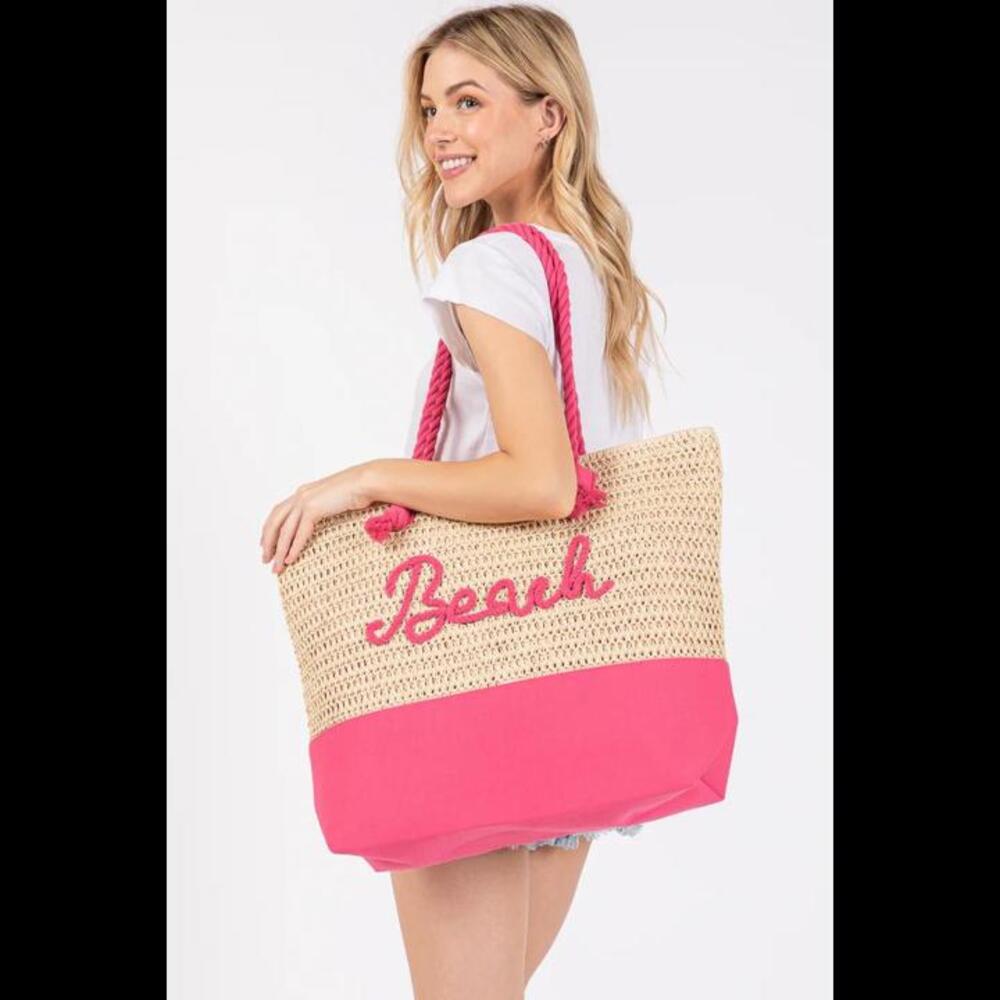 Color Sewn Beach Tote Bag - Hot Pink