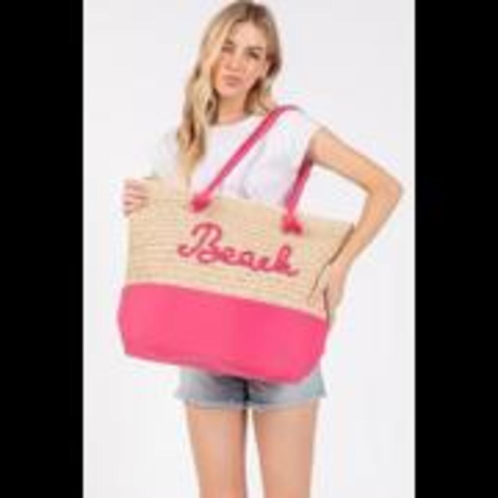 Color Sewn Beach Tote Bag - Hot Pink