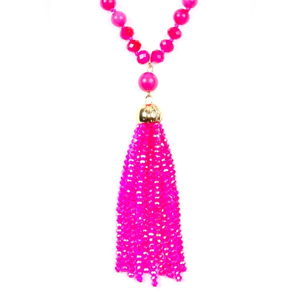 Vibrant Pink Beaded Necklace with Tassel