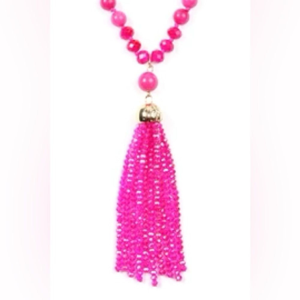 Vibrant Pink Beaded Necklace with Tassel